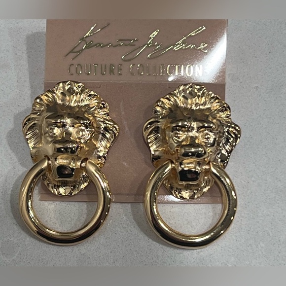 Vintage Kenneth Jay Lane KJL Lion Head Door Knocker Gold Plated Earrings Clip On - Picture 2 of 4